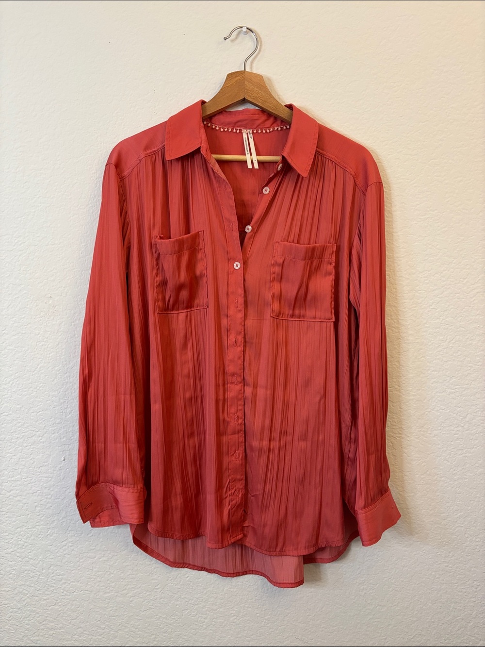 Anthropologie Coral-Red Pleated Button-Down Shirt